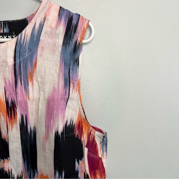 DKNY Womens Sleeveless Pullover Blouse Fringe Hem 100% Linen Tie Dye Sz L Boho - Picture 5 of 11